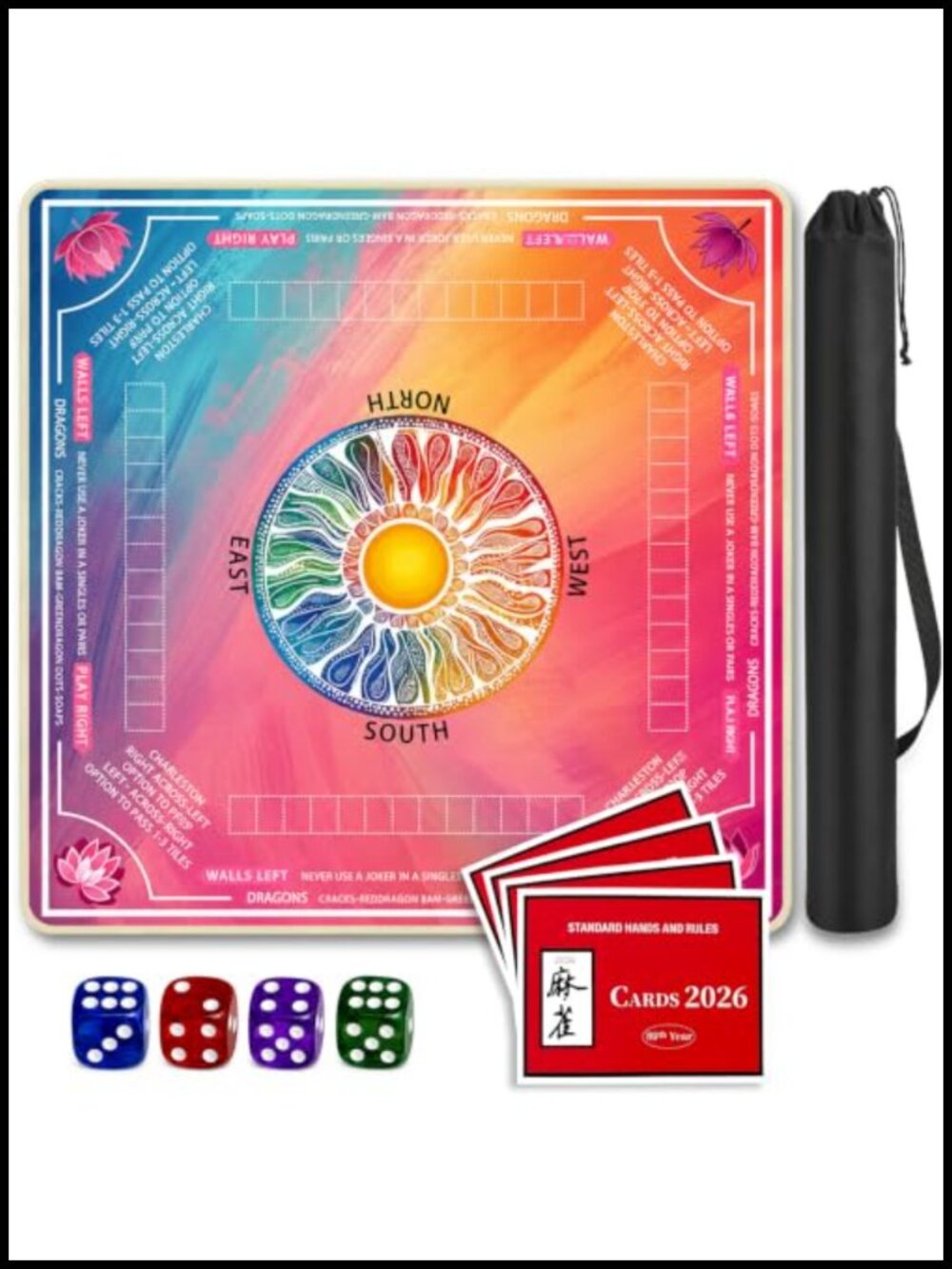 Mahjong Mat with Rules Cards & Dice, Non-Slip Neoprene Game Mat with Drawstring